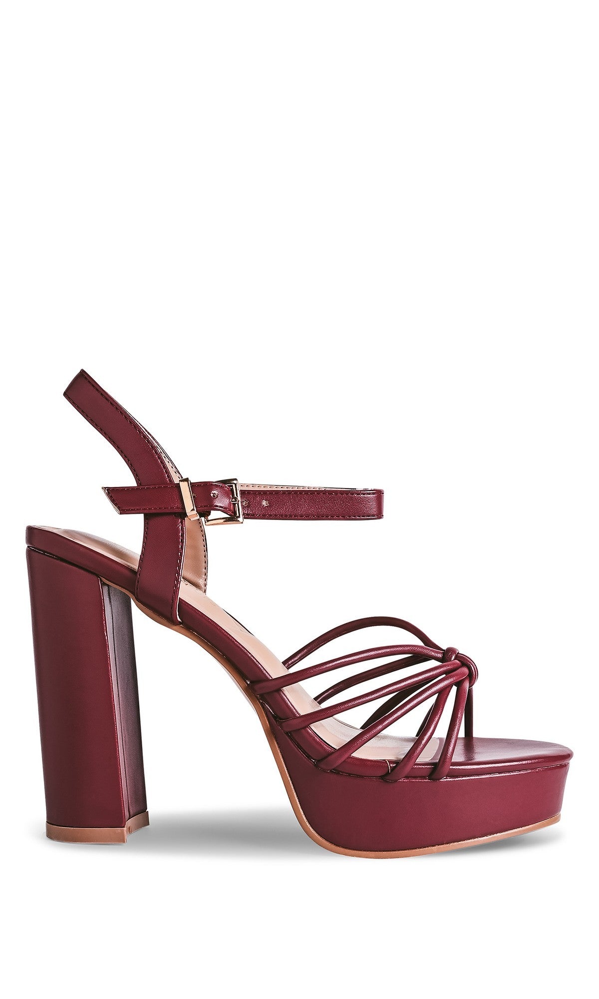 The Tiara Dark Red Prom Shoes: Touch Ups 4762 feature a thick platform, block heel, ankle strap with buckle, and multiple thin front straps—perfect standout strappy high heels for prom.